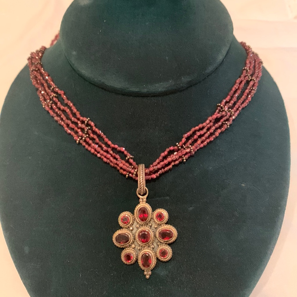Garnet Pendant Four Strand Beaded Necklace - India